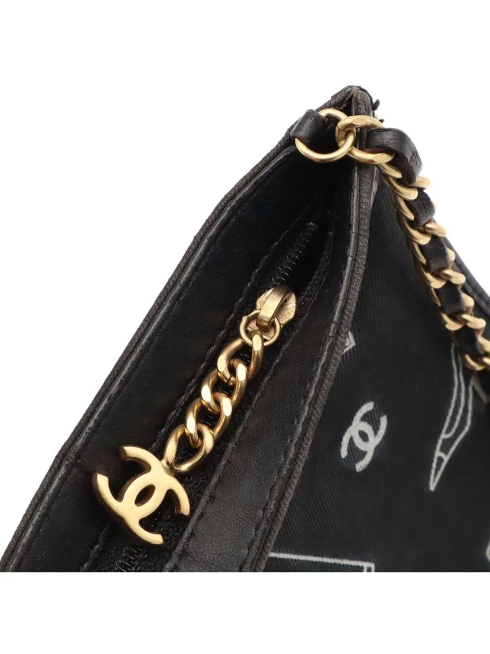 Chanel Icon Print Chain Shoulder Bag Party Canvas Leather Black Gold
